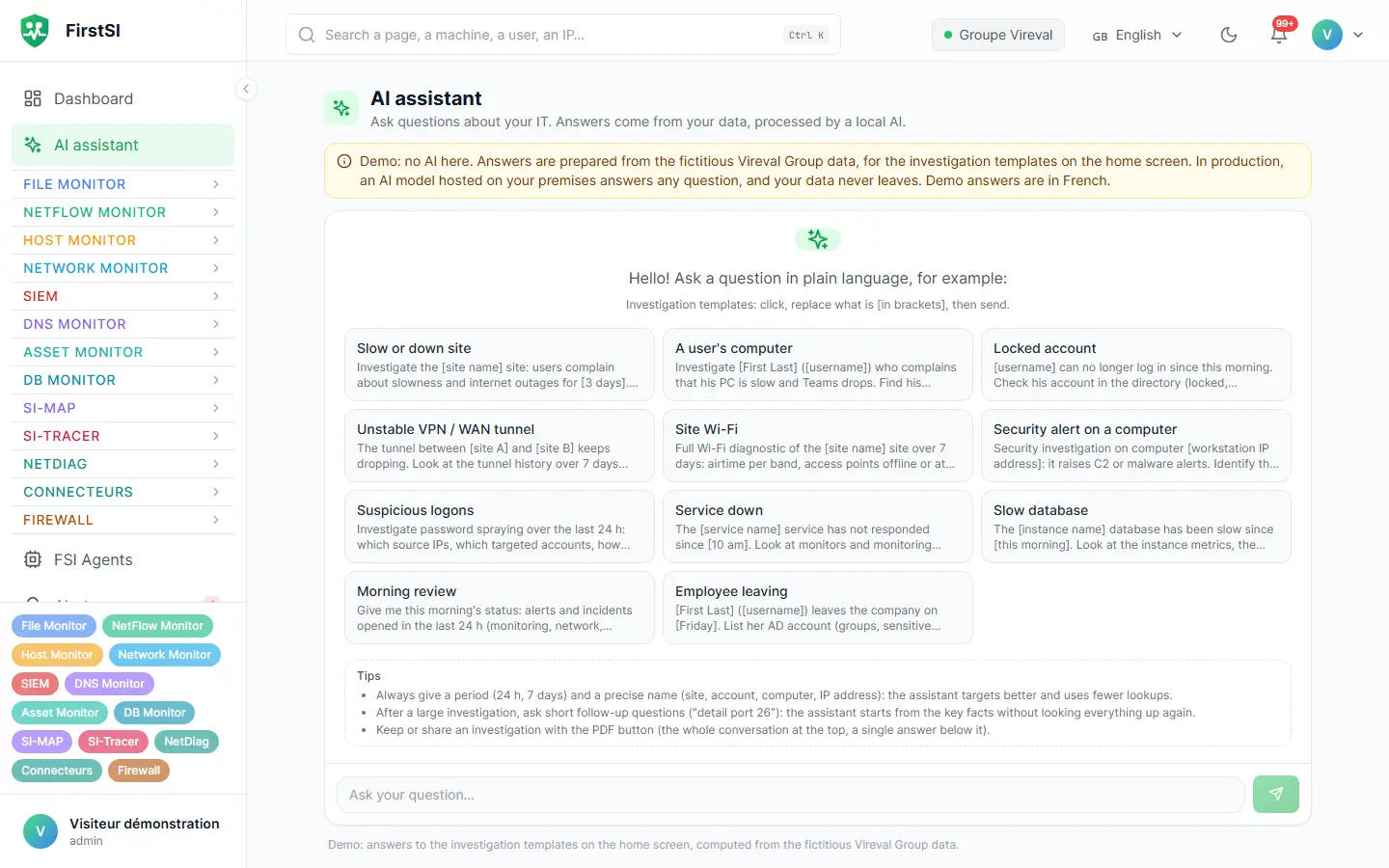 AI assistant screen: ready-made investigation templates (slow site, locked account, security alert) and a box for plain-language questions.