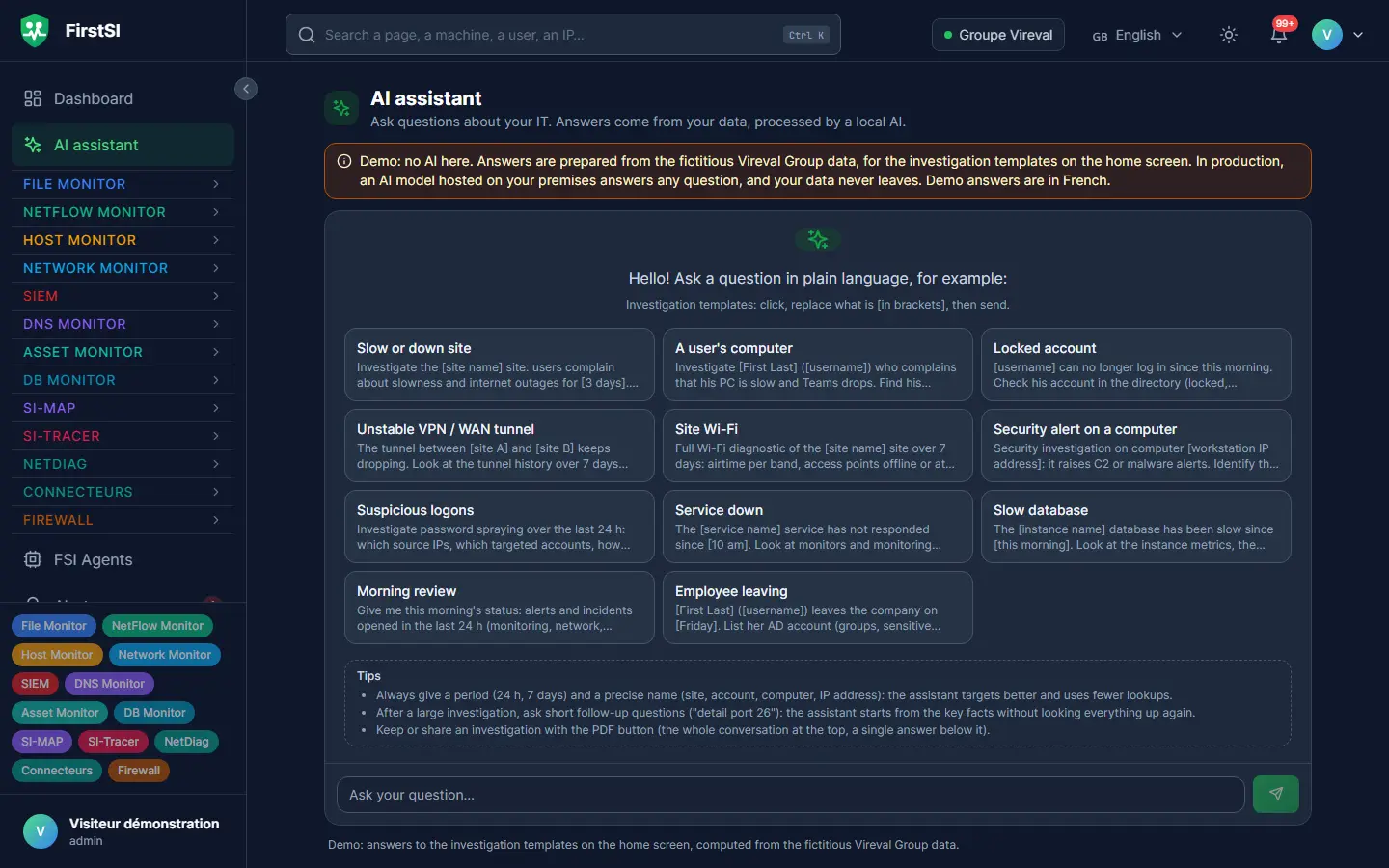 AI assistant screen: ready-made investigation templates (slow site, locked account, security alert) and a box for plain-language questions.