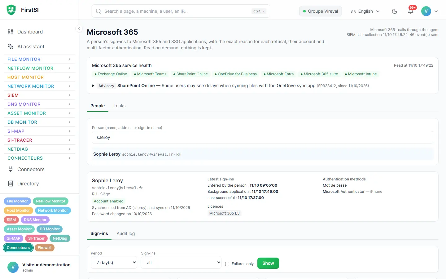 Microsoft 365 screen: service health, then one person's record with recent sign-ins and authentication methods.