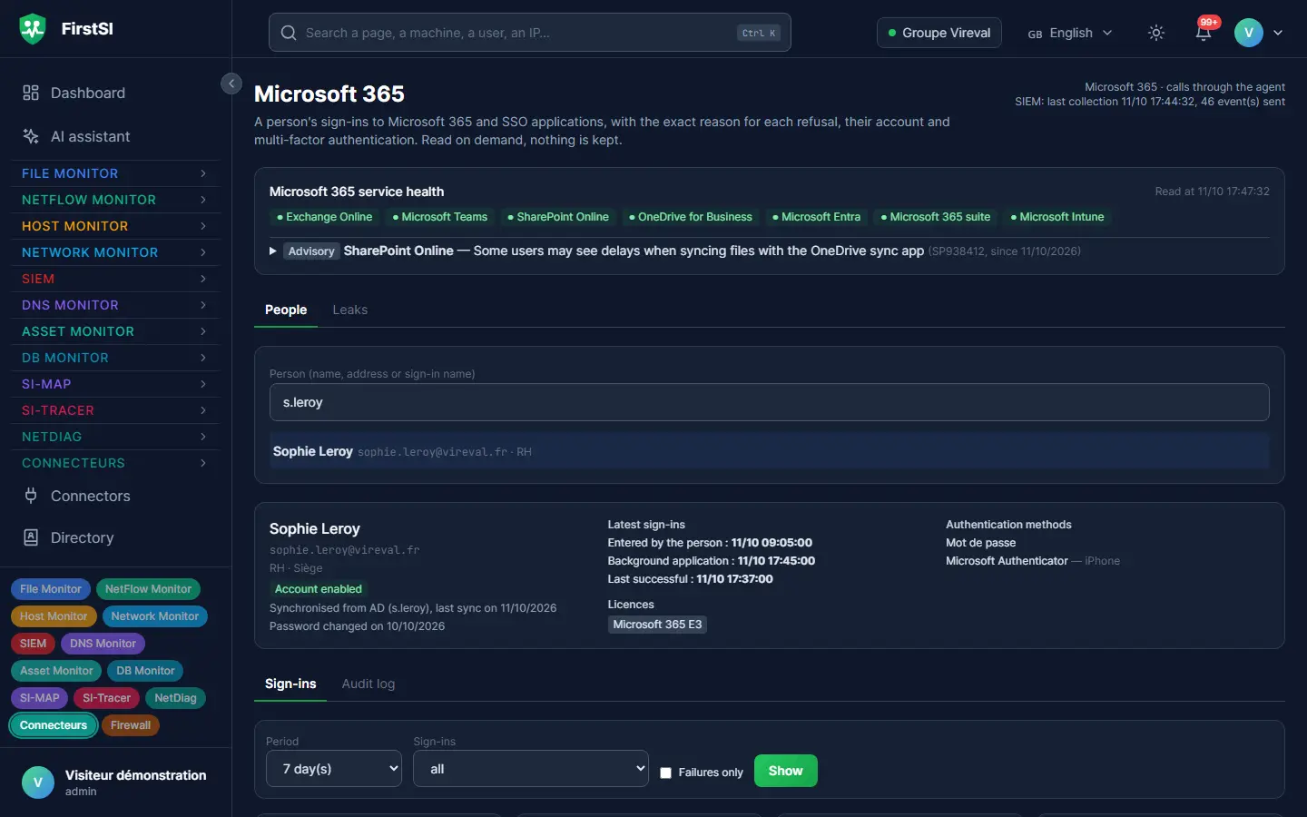 Microsoft 365 screen: service health, then one person's record with recent sign-ins and authentication methods.