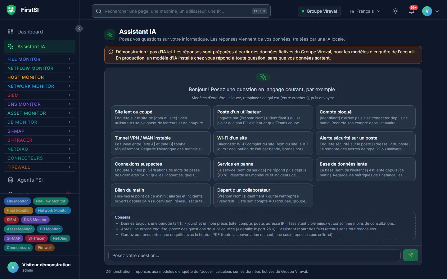 Écran de l'assistant IA : modèles d'enquête prêts à l'emploi (site lent, compte bloqué, alerte de sécurité) et zone de question en langage courant.