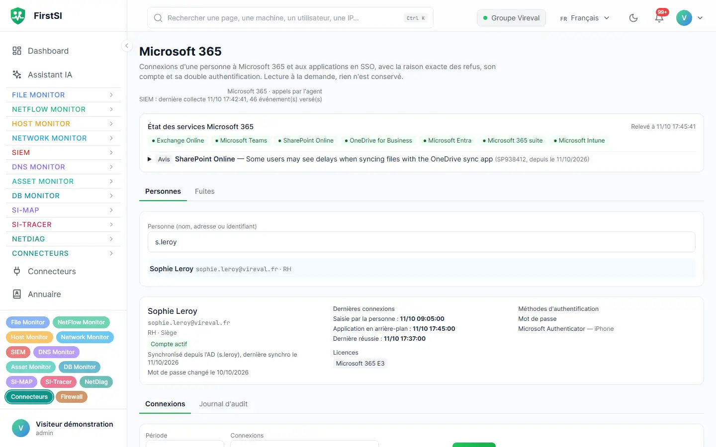 Écran Microsoft 365 : état des services, puis la fiche d'une personne avec ses dernières connexions et ses méthodes d'authentification.