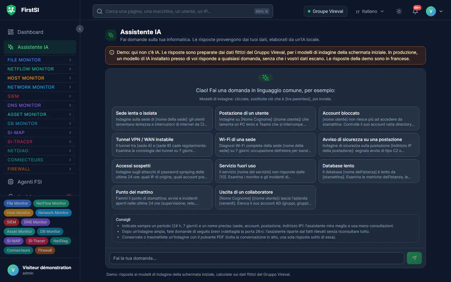 Schermata dell'assistente IA: modelli di indagine pronti (sito lento, account bloccato, avviso di sicurezza) e casella per domande in linguaggio comune.