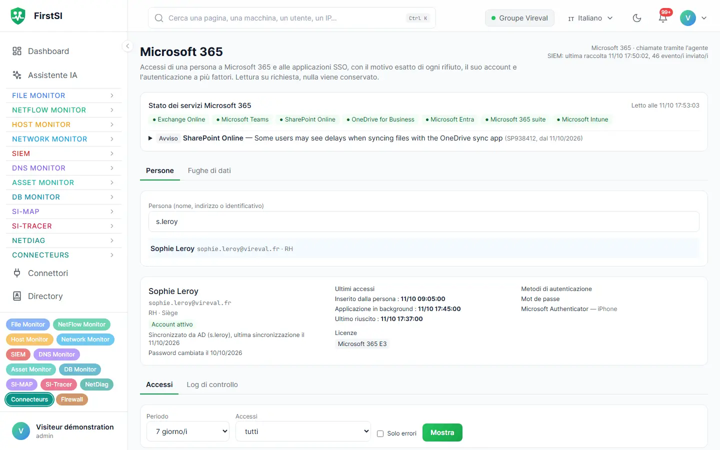 Schermata Microsoft 365: stato dei servizi, poi la scheda di una persona con gli accessi recenti e i metodi di autenticazione.