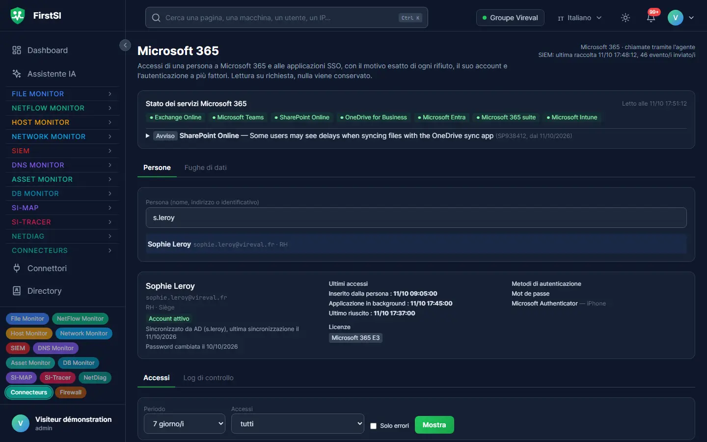 Schermata Microsoft 365: stato dei servizi, poi la scheda di una persona con gli accessi recenti e i metodi di autenticazione.